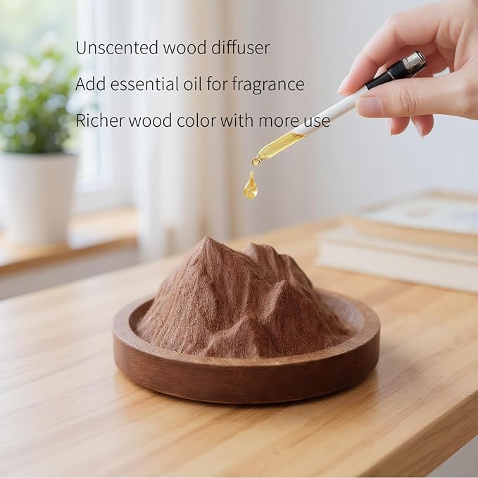 Passive Essential Oil Diffuser Wood Petal-Like, Small Portable Aromatherapy Diffuser Layered, Mini No-Electric Natural Boho Walnut Accent for Car, Desk, Rooms, Home, Office (Mountain-Like)