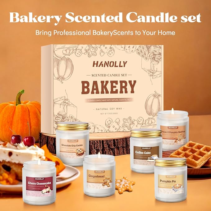 Bakery Candles Set, 6 Pack Fall Winter Candles for Home Scented, Candle Gift Set,Soy Wax Long Lasting Jar Candle of Pumpkin Pie, Coffee Cake,Gingerbread,Chocolate Cookie,Cherry Cheesecake Aromatherapy
