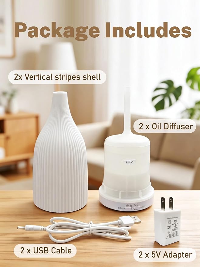 TTJ 70ml Essential Oil Diffuser, Ultrasonic Aromatherapy Diffuser with DC 5V USB Power, Timer Function, Dimmable LED Night Light, Quiet Cool Mist Humidifier for Home Office Bedroom Yoga Spa,Two White