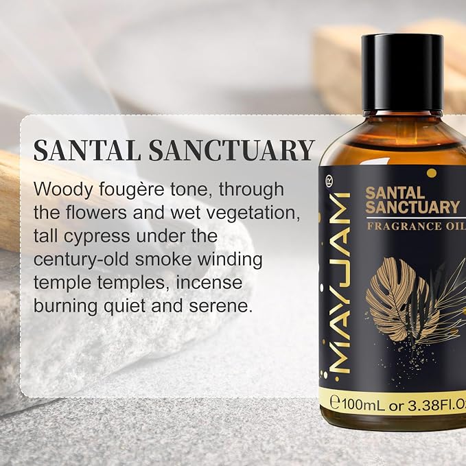 Santal Sanctuary Fragrance Oil Essential Oil, MAYJAM 3.38FL.OZ Santal Sanctuary Oil for Diffusers for Home, Long Lasting Scented Oils for Soap Candle Making - 100ML