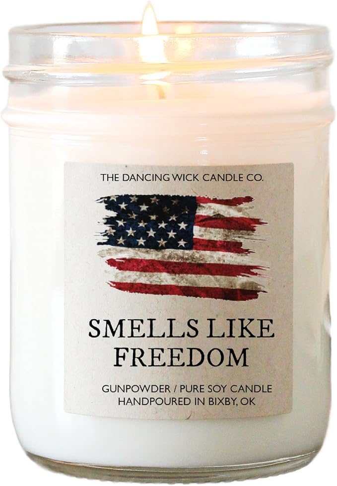 The Dancing Wick Smells Like Freedom Candle, 8oz, Handcrafted Soy Wax, Gunpowder, Vanilla, Musk Scent, Made The in USA - 4th of July Patriotic Gift Décor (Smells Like Freedom)
