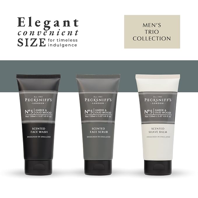 Pecksniff’s Men’s Trio Collection – Amber & Oud Wood – Face Wash, Scrub & Shave Balm Gift Set, 3 x 75ml