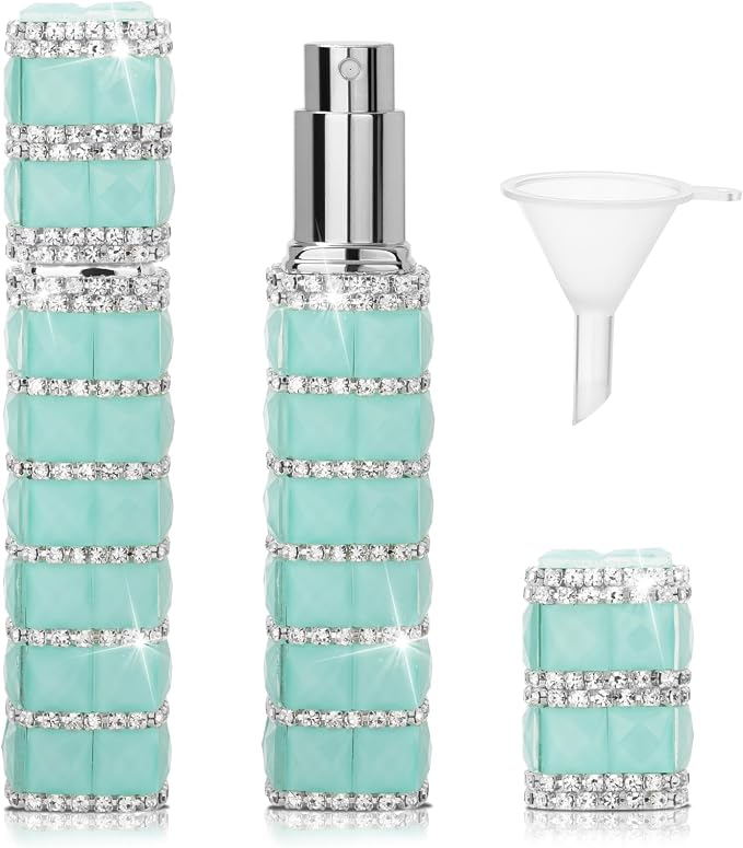 Travel Perfume Atomizer Refillable Bottle, 12ml Rhinestone Mini Perfume Bottles Empty Refillable Travel Atomizer Sprayer with Funnel (Light Green)