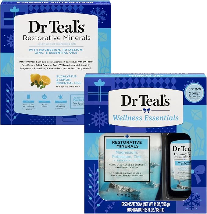 Dr Teal's Holiday Limited Edition Bath Gift Set | Epsom Salt Soak and Foaming Liquid, 14 oz Salt, 3 fl oz Bath (Fresh Minerals)