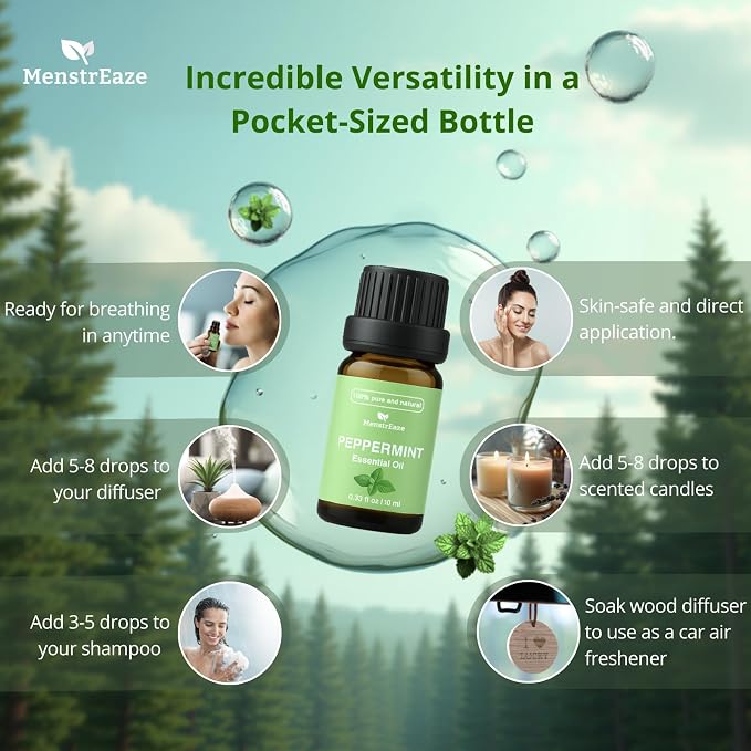 Skin Safe Peppermint Essential Oil Dropper Bottle, High Potency, 100% Natural & Pure, Migraine & Headache Support, Aromatherapy for Diffuser, Skin, Hair, Refreshing and Calming, 10ml