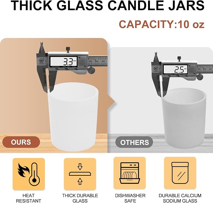 SHOWIN 10 OZ Thick Candle Jars for Making Candles 15 Pcs, Empty Jars with Wood Lids for Candle Making, Sample Container, Matte White