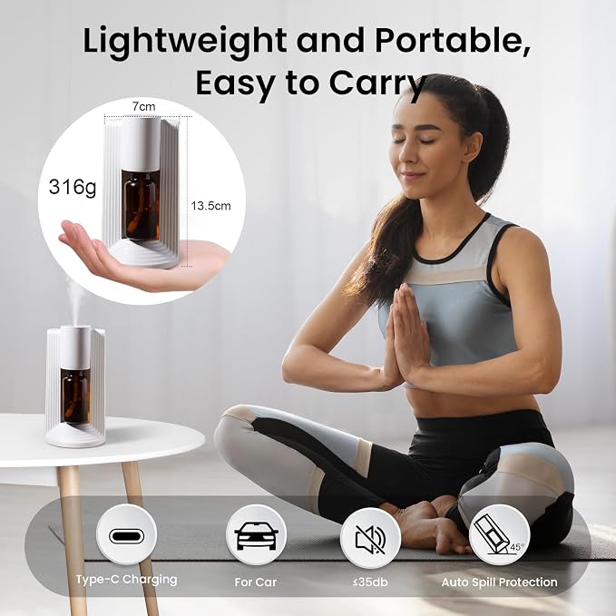 LAMA Waterless Essential Oil Diffuser, Portable Small Mini Scent Air Machine, Quiet Leak-Proof Home Fragrance Aroma Diffuser, USB Air Freshener with 1/2/3H Auto-Off Mode, 3 Mist Levels, White