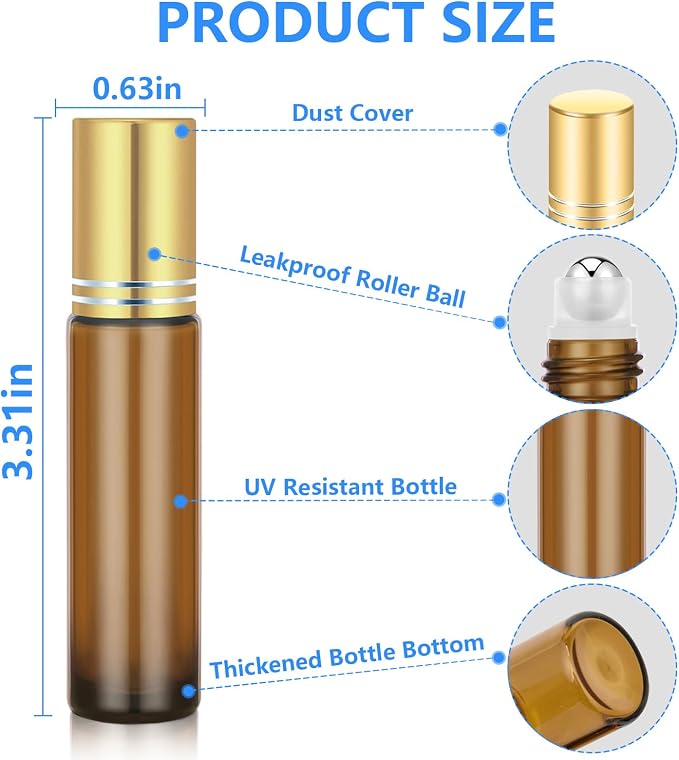DTDNZKN 4 Pack of 0.34 Oz (10ml) Essential Oil Roller Bottles - Refillable, Leak-proof Amber Glass Roll-on Bottles with Stainless Steel Roller Balls, Metal Caps, and Labels Included