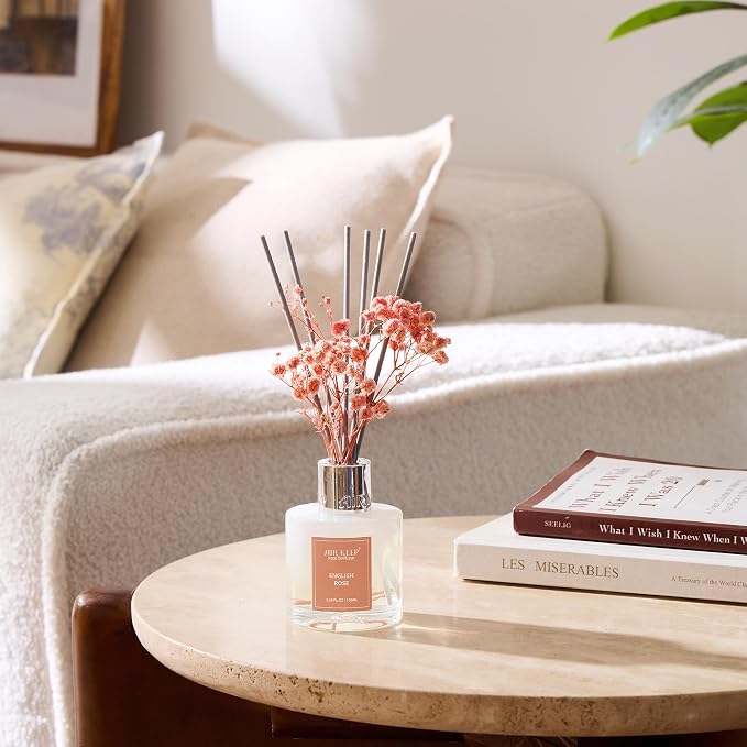 Airkeep Reed Diffuser Set,3.38 fl oz (100 ml) - English Rose Oil Diffusers with 8 Reed Sticks, Home Fragrance Reed Diffuser for Bathroom Shelf Decor