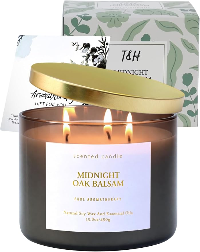 Midnight Oak Balsam 3-Wick Scented Candle | 15.8 oz Large Balsam Cedar Woodsy Soy Wax Candle for Home | Forest Calming Scented Candle | Clean Burning, Long Lasting | Candle Gift for Men & Women