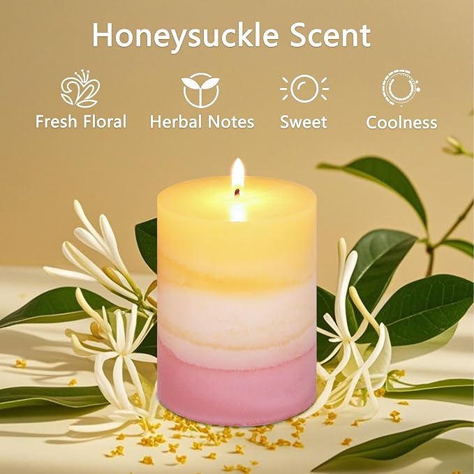 Sweet Scented Candles 3x4 Inch Pillar Candle Honeysuckle Scented Layered Yellow White Pink Aesthetic Decorative Candle for Living Room Bathroom Emergency Spa Aroma Birthday Gift Party Decor, Set of 3