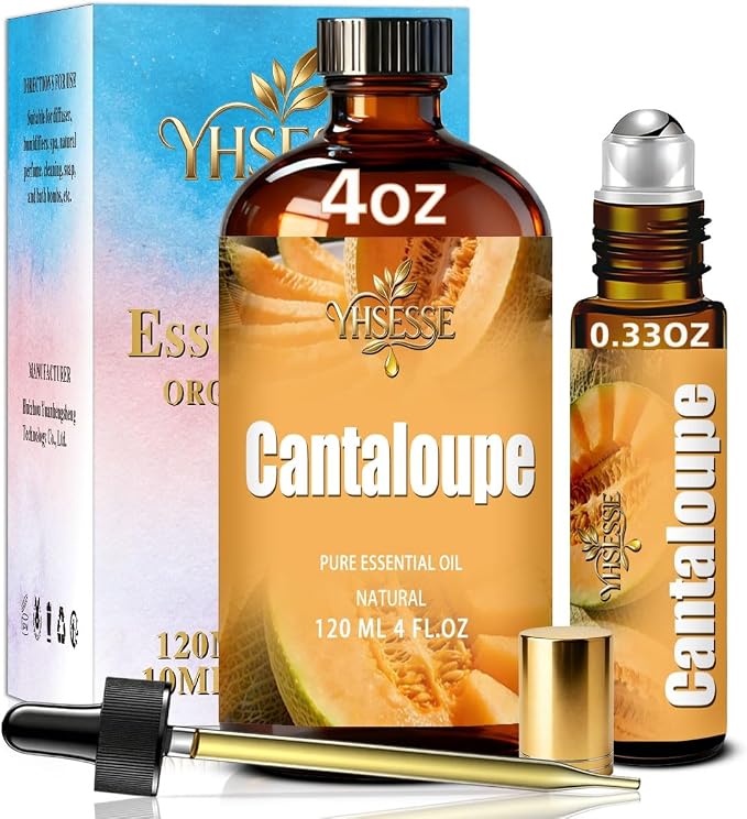 Cantaloupe Essential Oil, Cantaloupe Oil 4 Fl Oz 120ml for Diffuser Yoga Soap & Candle Making – with 0.33 Oz Roller Ball & Dropper YHSESSE Essential Oils