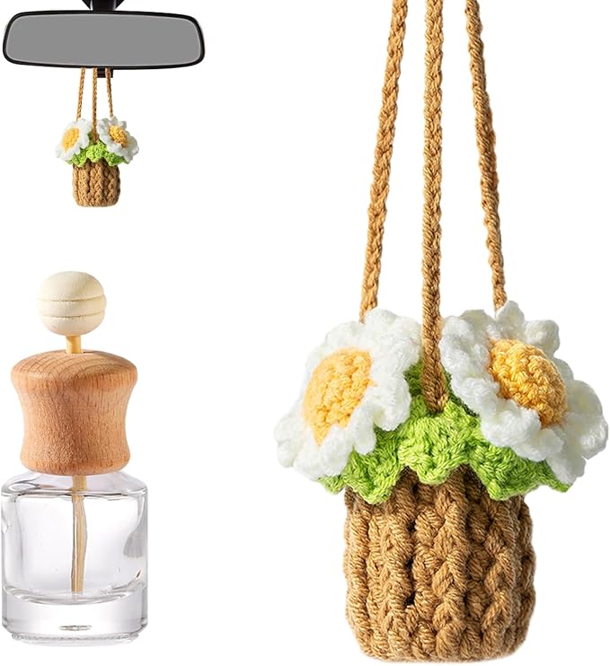 Crochet Car Air Freshener, Empty Refillable Oil Diffuser Bottle with Hanging Crochet Plant for Car Rearview Mirror Decor, Handmade Home and Office Decor (Daisy)