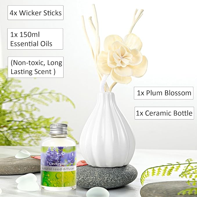 Reed Diffuser Set, Home Fragrance & Decorative Diffuser, Dried Flower Aromatherapy Oil Set, Oil Diffuser Sticks, Ceramic Bottle 5.07 oz(150ml) /1 Pack (Lavender)