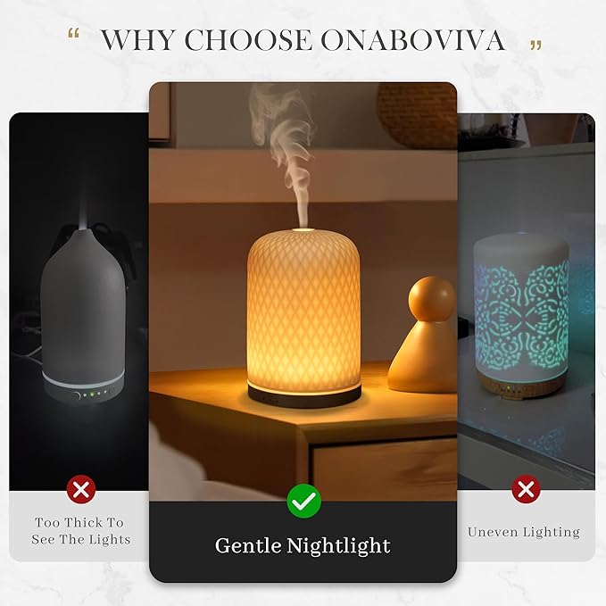 Onaboviva Essential Oil Diffuser - 2.4 MHz Ultrasonic Cold Mist Aromatherapy Diffuser with 3 Timers, Auto Shut-Off, Ceramic Night Light Diffuser for Home, Bedroom, Office