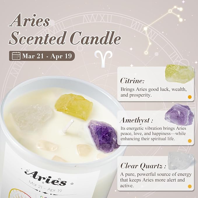 Aries Gifts for Women, Zodiac Aries Candle with Healing Crystals,Aries Birthday Gifts for Women, Mom, Sister, Friends, Meditation, Yoga, Relaxation (7oz)