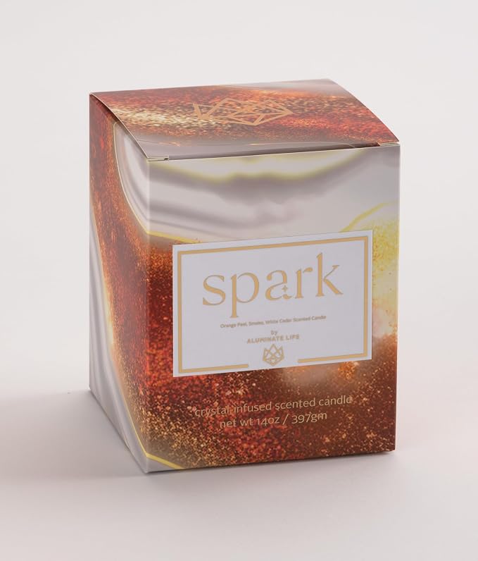 Luxury Glass Jar Seasonal Candle, 14 OZ, Spark - Red Aventurine Crystal Infused - Holiday Scents of Orange Peel, Smoky Undertones, & White Cedar - Coconut Wax, Essential Oils