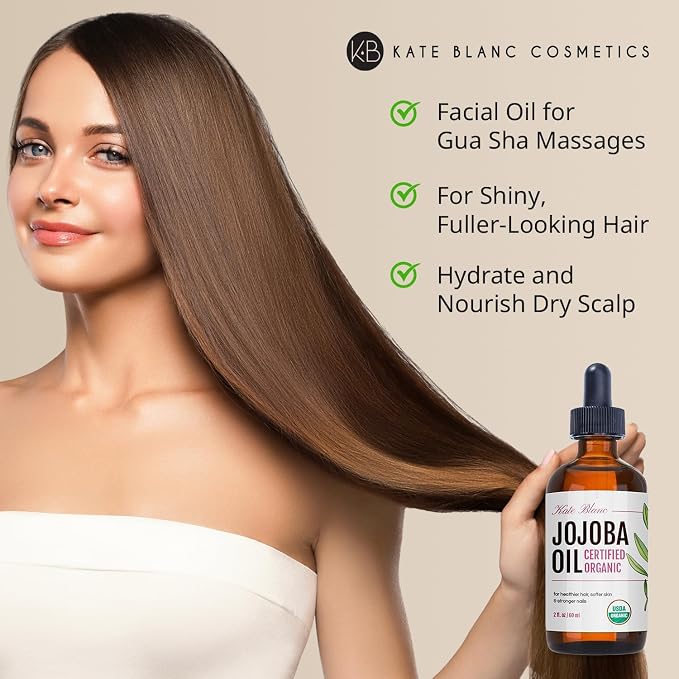 Kate Blanc Cosmetics Organic Jojoba Oil for Hair, Skin & Face (2oz, 100% Pure, Cold Pressed, Natural). Gua Sha Oil for Face & Dermaplaning (Pack of 2)