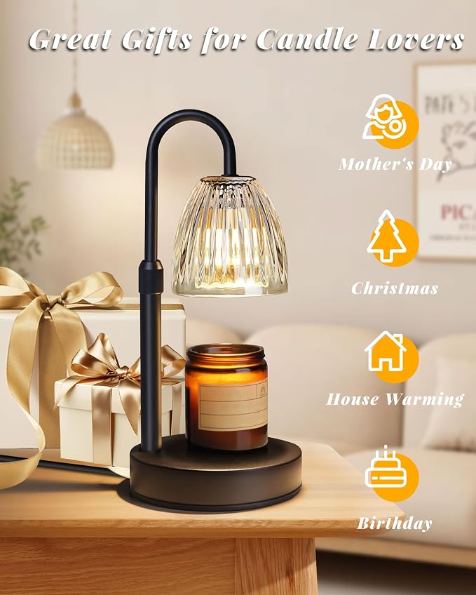 Dimmable Candle Warmer Lamp with Timer Adjustable Height, Mothers Day Gifts for Mom, Home Decor Birthday Housewarming Gifts for Women, Modern Electric Wax Melt Warmer for Scented Jar Candles, Clear