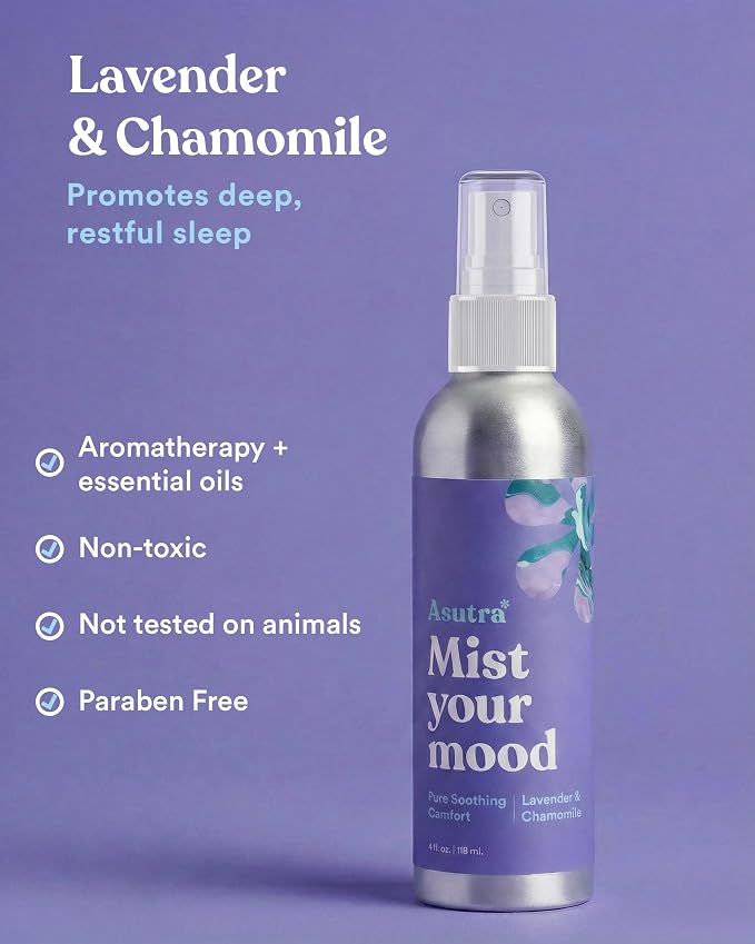 Asutra Lavender & Chamomile Multi-Use Natural Aromatherapy Room Spray, Calming Linen & Pillow Mist, Fabric Sleep Spray, 4 fl oz Aluminum