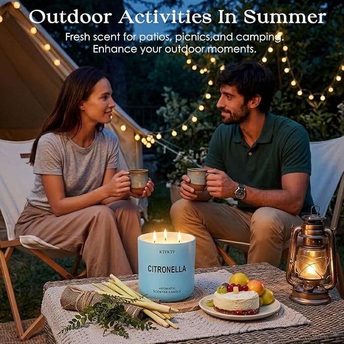 Citronella Candles Outdoor - 14.1oz Large 3 Wick Jar Candle with 80 Hour Burn, Natural Soy Wax, Non-Toxic Outdoor Candle for Patio, Camping, Backyard & Home