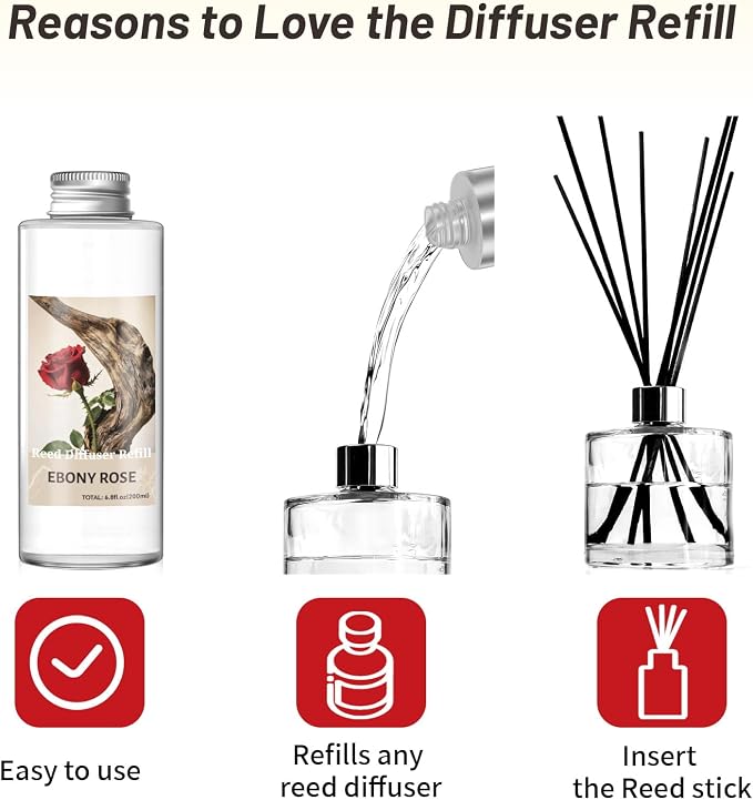 STRN Reed Diffuser Oil Refill, Ebony Rose Scented Diffuser Oil Refills with 6 Reed Sticks 200ML(6.8fl.oz), Room Fresheners for Home, Long-Lasting Summer Fragrance for Living Room, Bedroom, Office