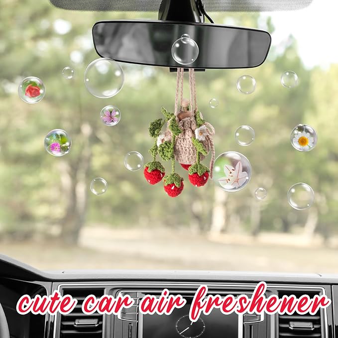 DaisyInner Cute Crochet Plant Car Freshener 12ml Empty Refillable Diffuser Bottle with Plants Hanging Accessories for Ornaments Charms Rearview Mirror Home Office Decor Women Gifts(Strawberry)