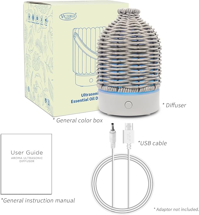 VICTORIA AROMA Essential Oil Diffuser - Multifunction Aromatherapy Diffuser 7 LED Color Changing Light 100ML Rattan Diffuser Easy to Clean Suitable for Home,Office (Grey)