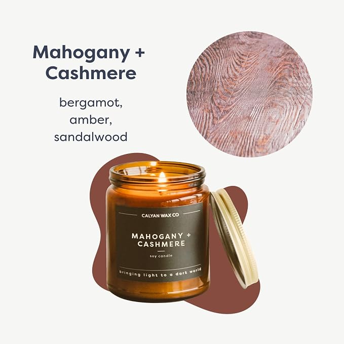 Calyan Wax Co. Mahogany & Cashmere Scented Candle - 57 Hour Burn - Luxury Clean Soy Wax Candles - Long Lasting Amber Glass Jar Candle for Home - 7.2oz