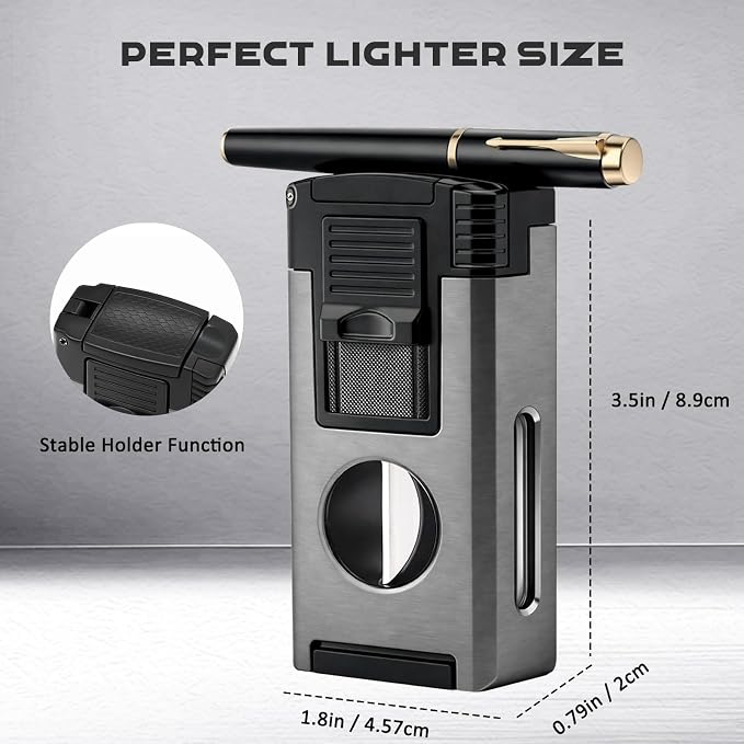 5-in-1 Dual Jet Flame Butane Torch Lighter Built-in V Cutter, Punch, Holder, Draw Enhancer Tool, Windproof Refillable Butane Lighter Gift for Men, Cool Lighters for Candle, Outdoor (No Gas)