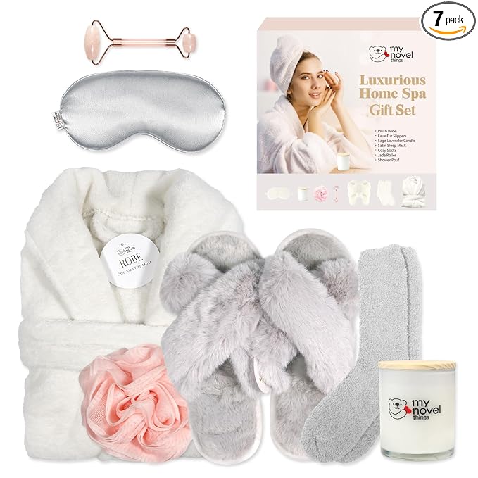 my novel things Birthday Gifts for Women,Spa Robe and Slippers Set, Bathrobe With Satin Sleep Mask, Scented Candle Self Care 7 Pack Suitable for Christmas Thanksgiven Day New Mom Gift