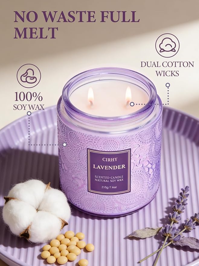 Cirhy Lavender Scented Candle, Purple Candle Gift for Women – Natural Soy Wax, 50-Hour Burn, Aromatherapy Candle for Sleep, Relaxation & Home Scented,7.4 oz Jar Candle