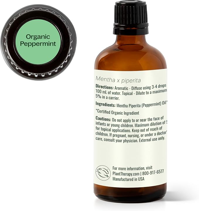 Plant Therapy Organic Peppermint Essential Oil, 100 mL (3.3 oz), 100% Pure and Undiluted, USDA Certified Organic, for Diffusion, Skin, and Hair