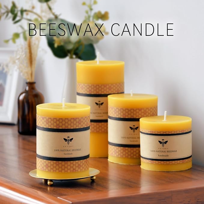 DEYBBY 3x4 inch Natural Beeswax Pillar Candle Set of 4 for Women Gift, Smokeless Dripless Pure Organic Beeswax Candles with Natural Scent for Blackout Home Decoration Bath Relaxation（Yellow）