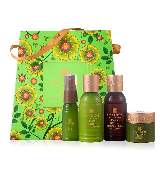 Spa Ceylon Ayurveda Peace Discovery Set - 4-Piece Natural Bath & Body Gift Set with Lavender, Lemongrass & Peppermint - Shower Gel, Body Lotion, Pillow Mist & Body Scrub