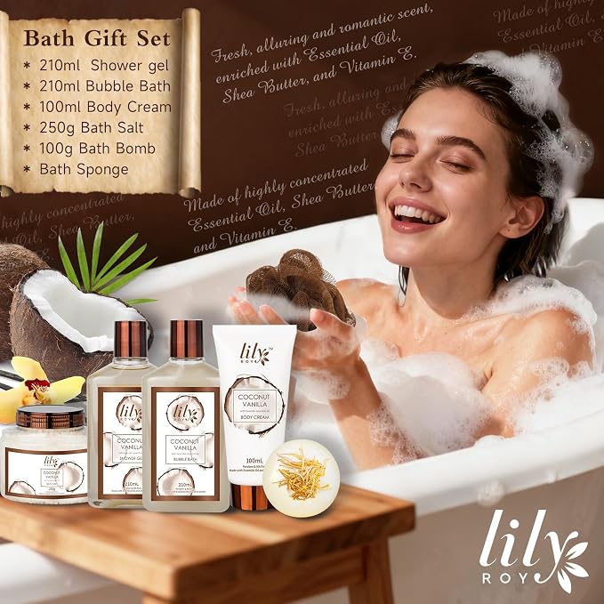 Coconut Vanilla Spa Gifts Bath Kit, 7Pcs Moisturizing Gift Set for Women Men