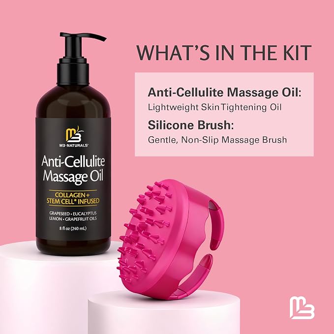 Anti Cellulite Massage Oil and Silicone Body Brush – Collagen and Stem Cell Skin Tightening Formula for Smoothing and Firming, 8 fl oz by M3