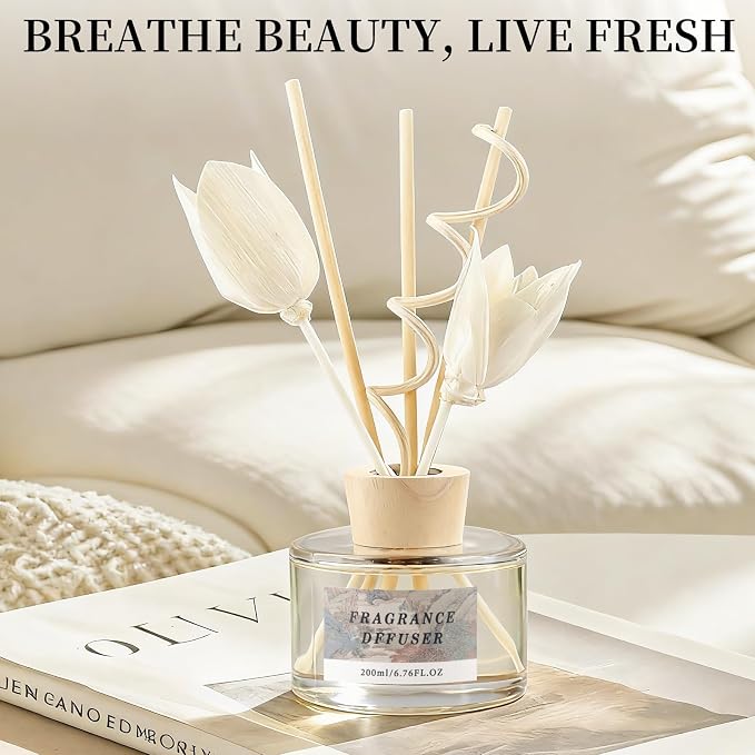 6.7 fl oz Reed Diffuser Set, Floating Cloud Tea Aroma Scent, Essential Oil Diffuser with Reed Sticks, Air Freshener for Home Fragrance, Bathroom Decor, Bedroom, Office Shelf Décor (200ml)