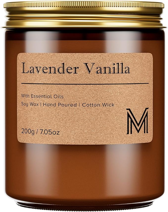 M&SENSE Lavender Vanilla Scented Small Candle, 7.5Oz Aromatherapy Candle for Home Fragrance, Soy Wax Candles Gift for Birthday, Housewarming, Amber Jar Candle for Stress Relief, Meditation, Yoga