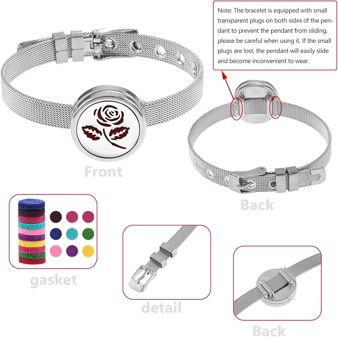 Essential Oil Diffuser Bracelet Aromatherapy Locket Adjustable Stainless Steel Rose Watch Chain Bracelet with 10 Pcs Refill Pads for Women