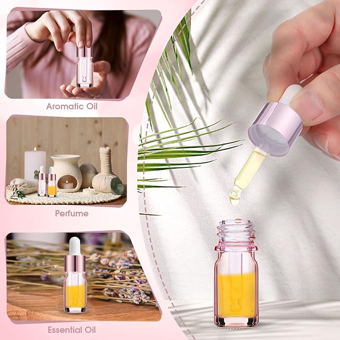 Patelai 8 Pcs 5 ml/ 0.2 oz Frosted Glass Dropper Bottles Essential Oil Bottles with Eye Dropper and Bamboo Lids Perfume Sample Essence Liquid Cosmetic Containers and Funnels (Rose Gold)