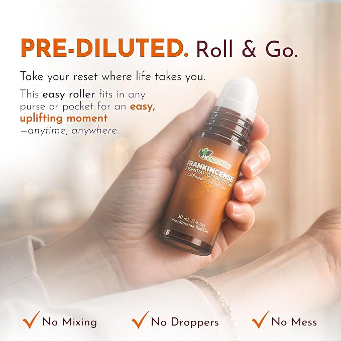 Frankincense Essential Oil Roll-On, 30mL (1 fl oz) – Pre-Diluted in Fractionated Coconut Oil (FCO) – Oil-Based, Alcohol-Free Aromatherapy Roller
