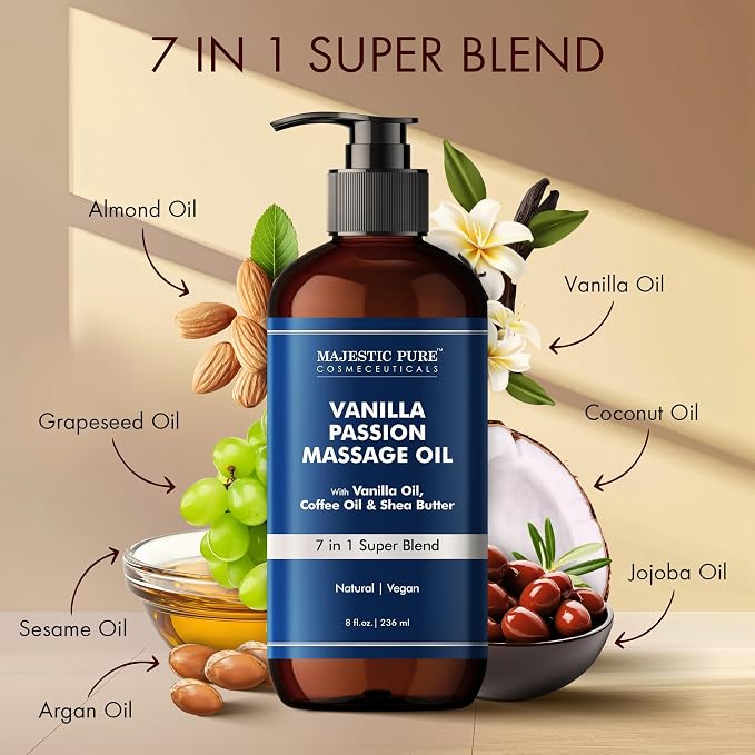 MAJESTIC PURE Vanilla Passion Massage Oil for Massage Therapy - Refreshing and Relaxing - Natural Oils with Vanilla Oil, Coffee Oil Shea Butter for All Skin Types Men and Women Massage Lotion- 8 fl oz