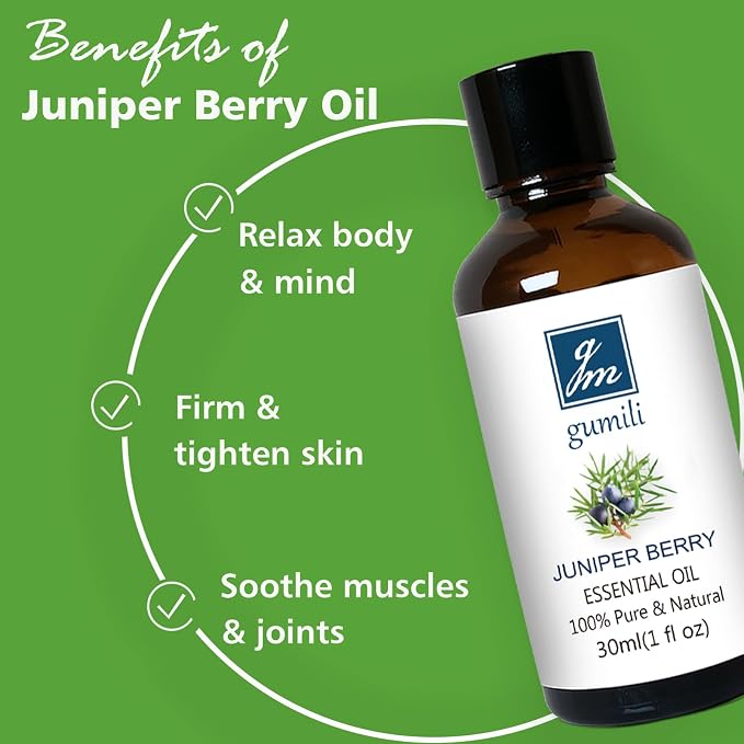 GM Gumili Juniper Berry Essential Oil 1 Oz – 100% Pure Natural Juniper Berry Oil for Diffuser, Massage, DIY Blends & Personal Care, Fresh Crisp Aroma