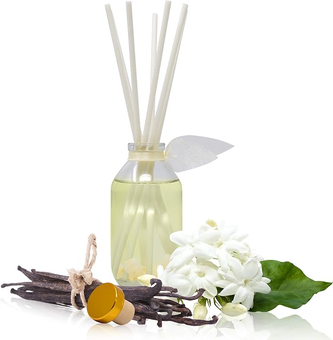 Jasmine Vanilla Diffuser Set, Shelf Decor, Home Fragrance, Spa Scent | Jasmine, vanilla, and classic rose profile, guest bath, decorative glass bottle, powder room, entryway, living room