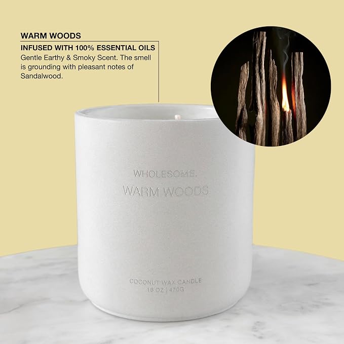 WHOLESOME. Warm Woods Scented Non-Toxic Candles for Home, 2 Wicks Natural Coconut Wax Candle Eco-Friendly, Luxury Aromatherapy Candles Stress Relief, 16 oz Large Concrete Jar, 90 Hours Burn