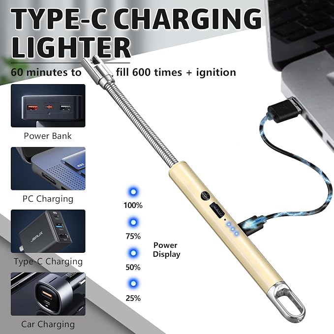 2 Pack Electric Candle Lighters, USB Rechargeable Lighter with Windproof Flameless & Extended Handle, Suitable for Candles, BBQ, Camping, Gas Stove, Festivals Gift (Gold, 2 Packs-A)