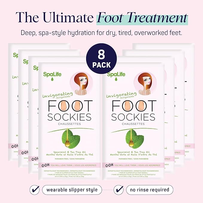 SpaLife Moisturizing Foot Sockies | Foot Mask for Dry Cracked Feet | Tea Tree Oil Softening Booties | Callus Remover Alternative | Self Care Gifts for Women | 8 Pack
