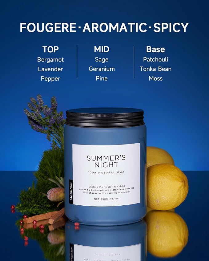 M&SENSE Summer's Night Scented Candles for Home, 19.4oz Large Natural Organic Soy Candles, 110 Hours Long Lasting, Non Toxic Clean Burn, Strong Manly Romantic Scent for Bath Stress Relief Relaxation