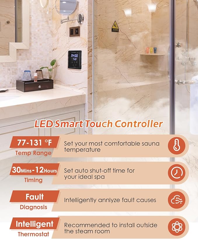 Steam Shower Generator Kit 15KW for Bath Sauna SPA, Aromatherapy Steam Head, Self-draining System, LED Waterproof Controller, for Commercial Home Use…